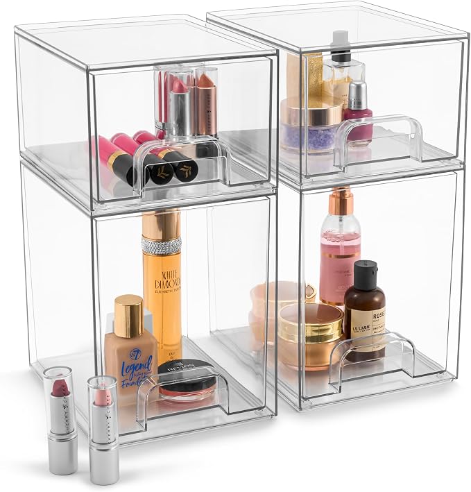 Sorbus Acrylic Storage Containers - 4 Pack, Stackable Storage Bins Set for Bathroom Organization - Clear Acrylic Drawer Organizers - Makeup Case Pull-Out Drawers (7.6’’ and 4.4’’ Tall) - Image 7