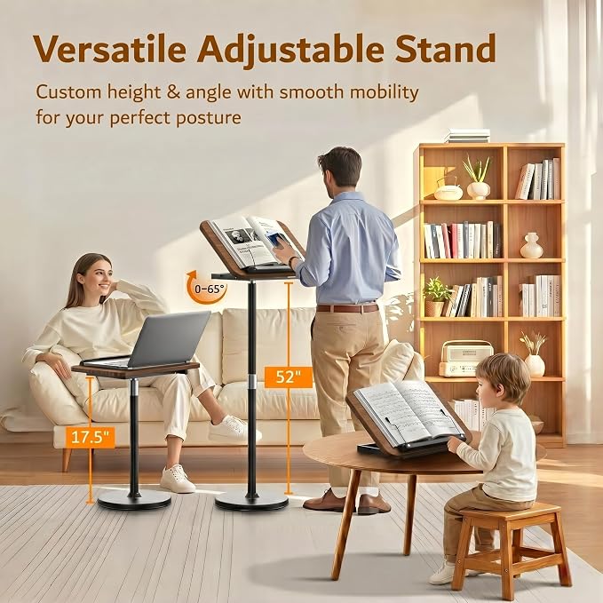 2-in-1 Floor & Desktop Book Stand with Large 16.5"x11.8" Wood Panel | Height Adjustable 16.5"-51" Ergonomic Bookstand with Page Clips for Textbooks, Music Sheets, Recipes, Laptops (Walnut Finish) - Image 3