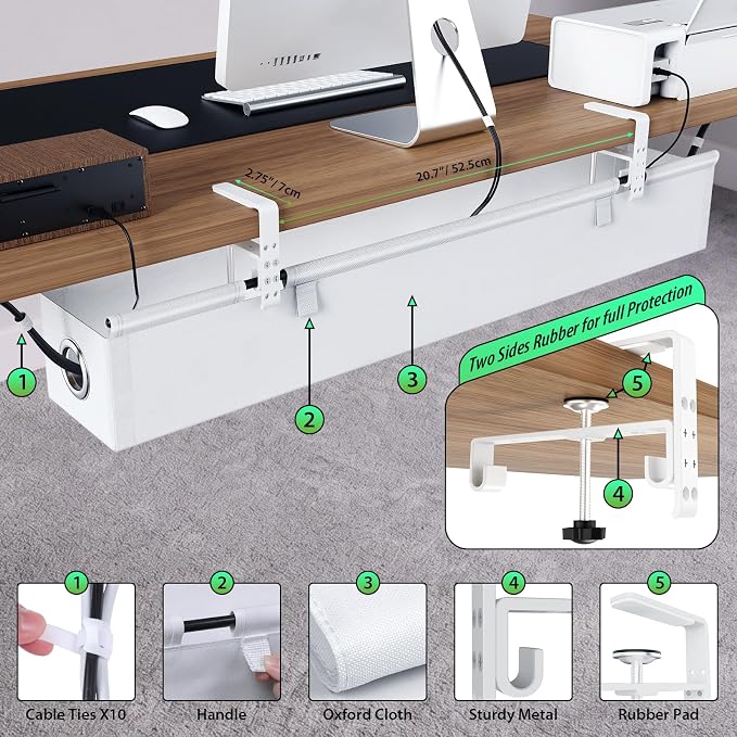 KEEGH Under Desk Cable Management Tray 36", No Drill Cord Organizer, White | Heavy Duty, Large Capacity, 3-Level Clamp Fit 0"-2.5" Desks, Clamp/Screw Mount, for Home, Office, Gaming, Room, Studio - Image 5