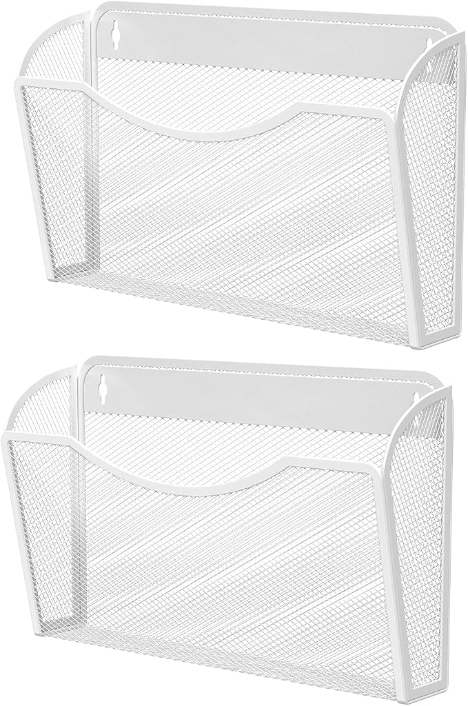 MINDEPOT Wall File Organizer, Hanging Wall File Holder, 2 Pack, White | Heavy Duty Iron, Metal Mesh Wall Mount, Single Pocket, Mail Organizer, for Office School Classroom Home, Letter A4 Size by MINDEPOT
