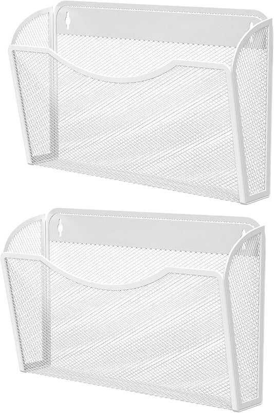 MINDEPOT Wall File Organizer, Hanging Wall File Holder, 2 Pack, White | Heavy Duty Iron, Metal Mesh Wall Mount, Single Pocket, Mail Organizer, for Office School Classroom Home, Letter A4 Size by MINDEPOT
