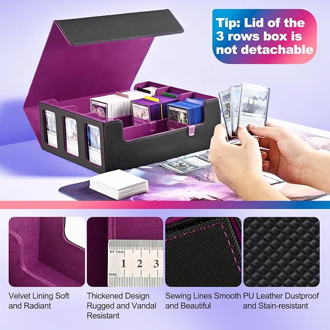 UAONO 3-Row Trading Card Storage Box with Commander Display, Black Purple | 1800+ Commander Deck Box for MTG, Bulk Card Case Fits Magic TCG PTCG Sports Cards, 10 Dividers & 3 Stoppers - Image 5