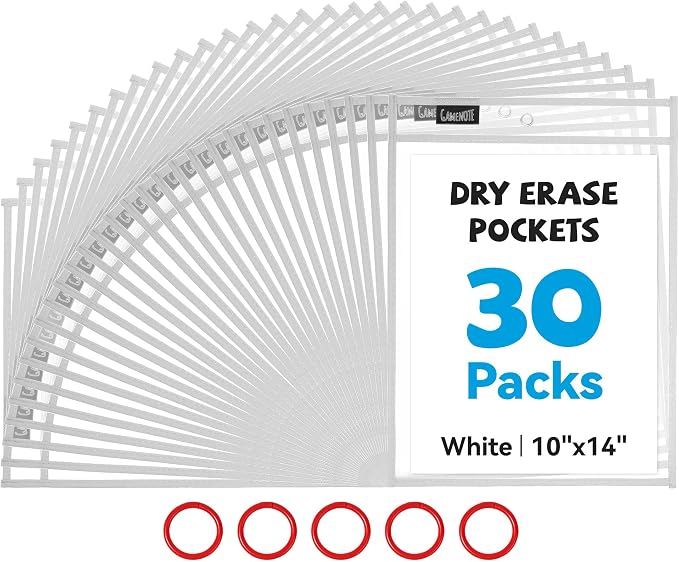 GAMENOTE 30 Pack White Dry Erase Pockets, 10x14 Reusable Sleeves | 30 reusable PVC pockets hold 8.5 x 11 and 9 x 12 sheets; double sided wipe clean surfaces, pen loops, eyelets, and 5 rings by Gamenote