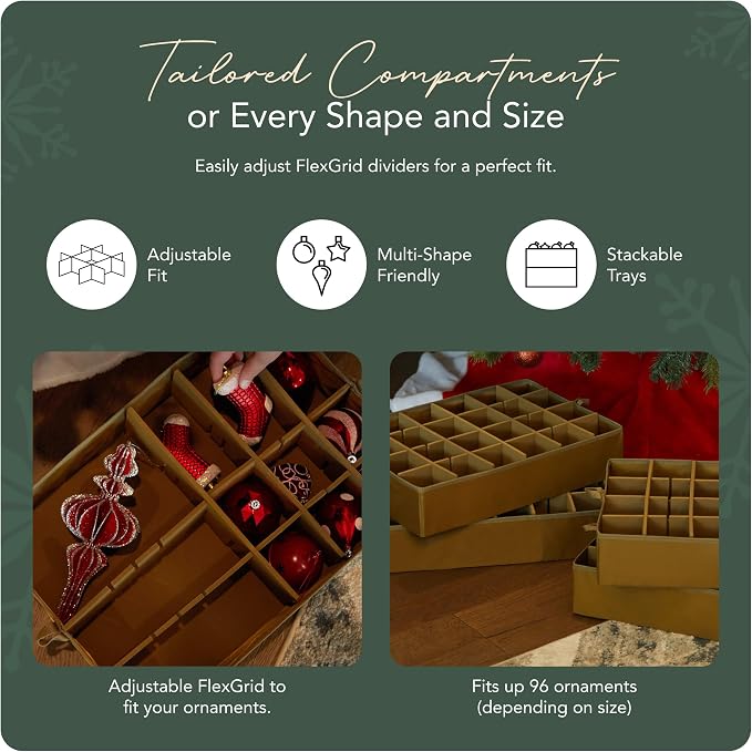 Covermates Keepsakes Adjustable Ornament Storage Bag – Heavy-Duty Polyester, Padded Dividers & FlexGrid Trays – Protective Holiday Ornament Organizer with Handles & Label Window, Green Snowflake - Image 5