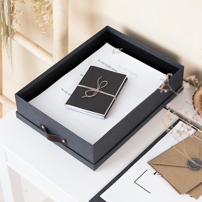 Bigso Oskar Canvas Fiberboard Document Letter Box for Important Paperwork A4 or Letter Size - Durable Keepsake Box with Lid and Leather Handle - 3.3in x 10.2in x 13.8in - Black - Image 7