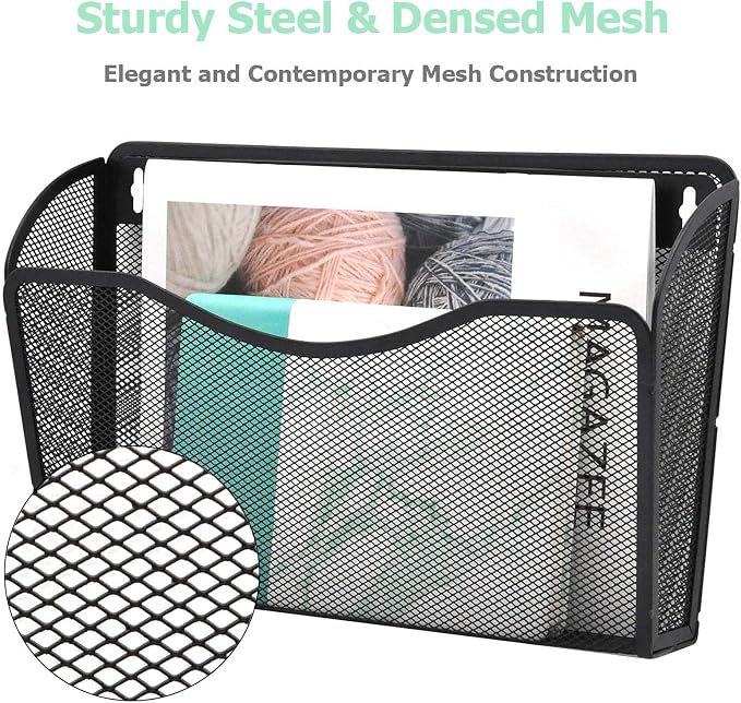 3 Single Pocket Mesh Hanging File Organizer, Vertical Wall Mounted Magazine File Holder, Mount Basket Mail Paper Document Folder Organizing for Office, Home and School, Black - Image 4