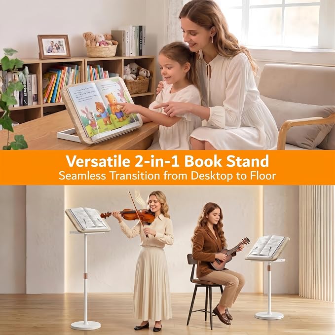 2-in-1 Floor & Desktop Book Stand with Large 16.5"x11.8" Wood Panel | Height Adjustable 16.5"-51" Ergonomic Book Holder with Page Clips for Textbooks, Music Sheets, Recipes, Laptops (White) - Image 2