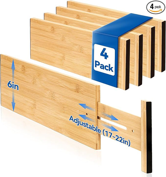 4 Pack Deep Drawer Dividers, 6" High Bamboo Expandable Drawer Organizers, 17-22" Adjustable Tension Separators, Large Drawer Dividers for Kitchen, Bedroom Dresser, Baby Nursery & Bathroom by LeaforyHome