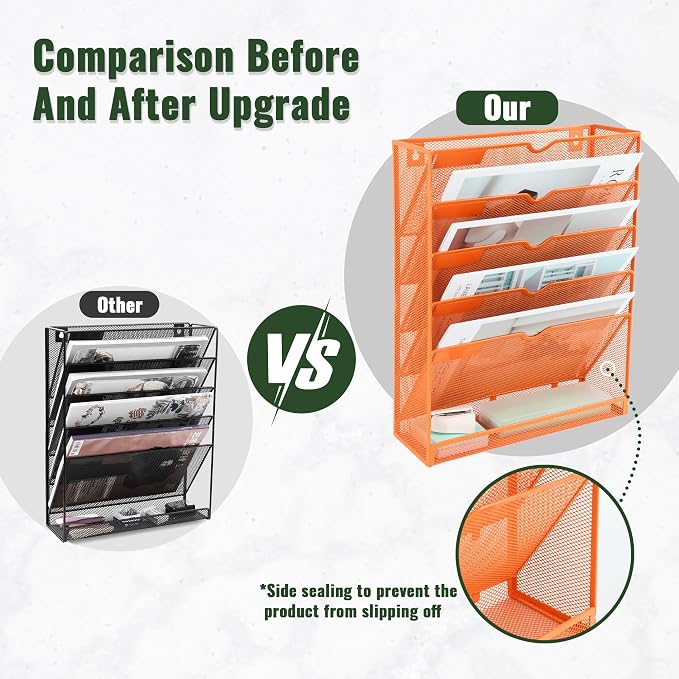 6 Tier Mesh Hanging Wall File Organizer, Desk Vertical Mail Paper Document Folder Holder Rack with Bottom Tray and Nametag Label for Office Home School, Orange - Image 3