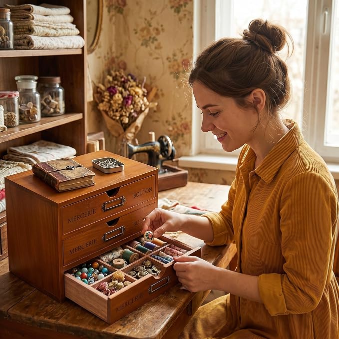Wesiti Small Wooden Desk Organizer with 3 Drawers, Compact Vintage Apothecary Storage Box for Jewelry, Makeup, Essential Oils, Rustic Trinket Organizer for Bedroom Dresser Vanity, Brown - Image 2