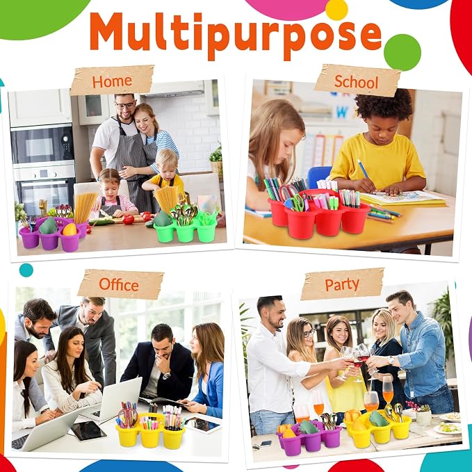 6 Pack Classroom Caddy Organizer with Handle Colorful Plastic Table Caddy Drink Cup Caddies Holder 12×9×3.5 Inches Storage School Supplies 6 Compartments for Table Crayon Pencil Cup Marker Craft - Image 7