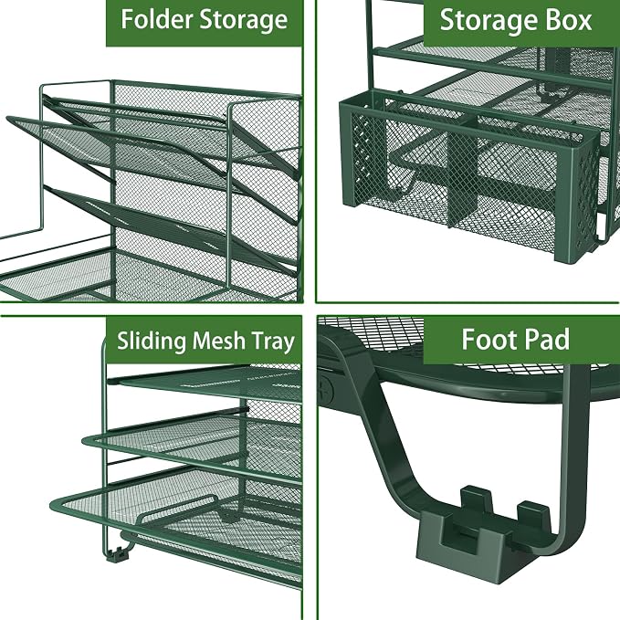 Simple Trending 7 Tier Desk File Organizer, Letter Tray Paper Organizer with Pen Holder and Metal Hanging Basket, Green - Image 4