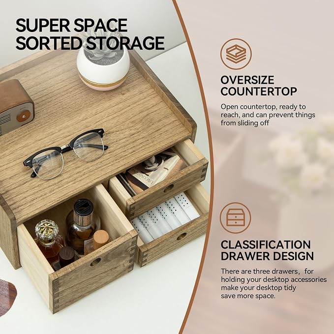 KIRIGEN Wooden Desk Organizer with 3 Drawers and Top Tray, Brown DT1D3C-DBR | 3-Drawer Cabinet with Top Tray Stores Office Supplies, Toiletries, Tools, Crafts, and Small Accessories on Desks or Counters - Image 3