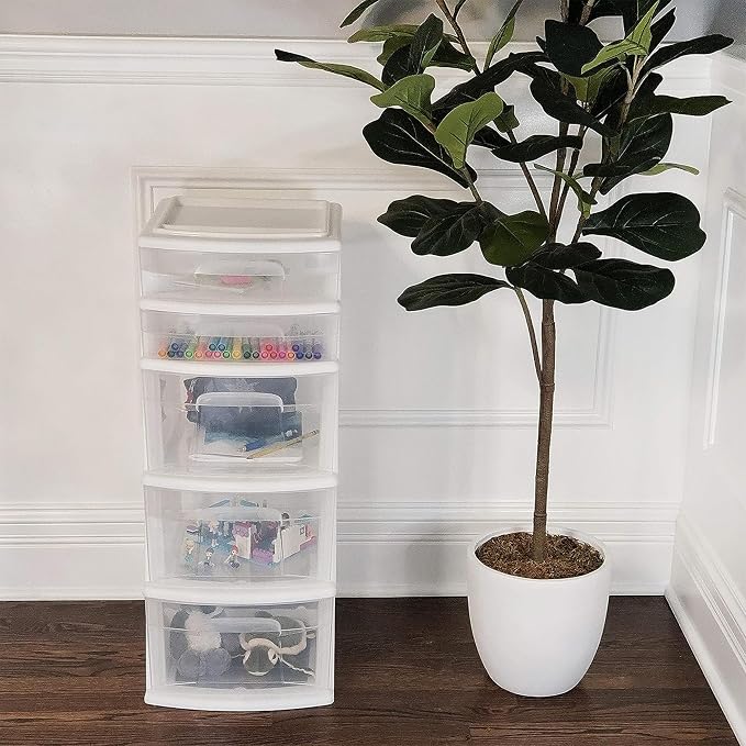 HOMZ 2-Pack Drawer Tower, 5-Tier Clear Plastic Storage Organizer Unit, White Frame - Multi-Purpose Container Drawers for Kitchen, Bathroom, and Office Organization - Image 2