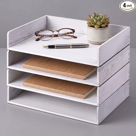 Yeaqee 4 Pcs Stackable Paper Organizer Tray Wood Desk Organizer Letter Tray Paper Holder Desktop Letter Size Office Wooden Desk Shelf Folder Organization Rack for Mail File Document (Vintage White) by Yeaqee
