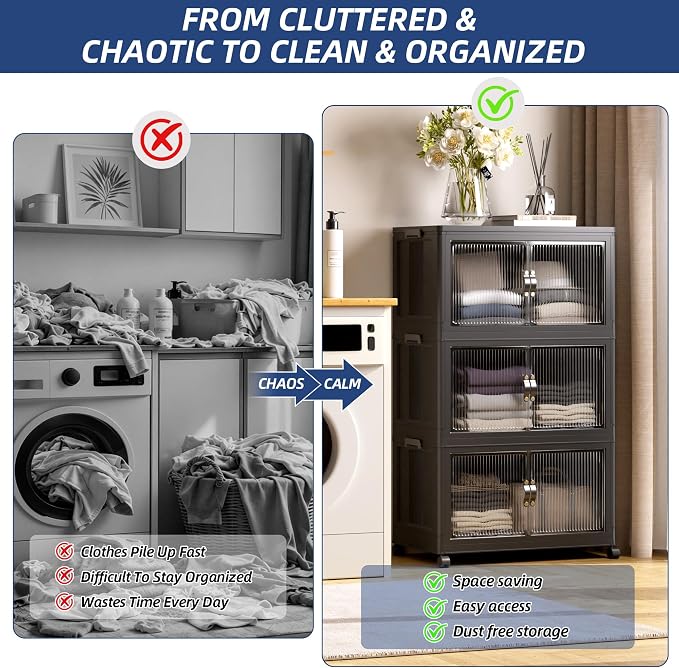 SAILUN 348Qt Stackable Storage Bins,Storage Cabinet with a Lid,3 Pack Black | Stackable Storage Drawers with Lids,26" W x 17" D x 43.7" H,Featuring open-front Access for Clothes and Closet Storage - Image 4