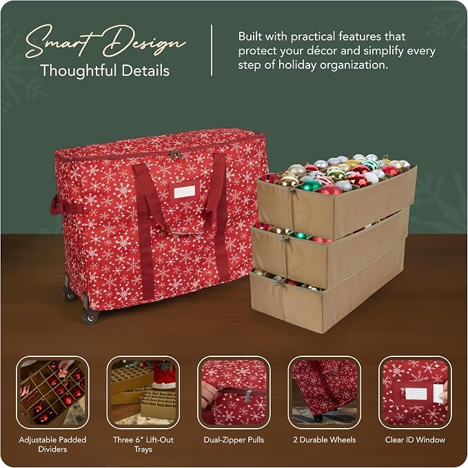 Covermates Keepsakes Rolling Adjustable Ornament Storage Bag – Heavy-Duty Polyester, FlexGrid Trays & Padded Dividers – Protective Holiday Organizer with Wheels, Handles & ID Window, Red Snowflake - Image 4