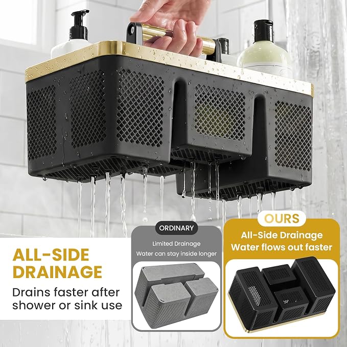 BYUNER Portable Cleaning & Shower Caddy with Handle: Rigid Plastic Basket with 4 Divided Compartments, All-Side Drainage for College Dorm, Bathroom & Utility Use, Black/Gold - Image 3