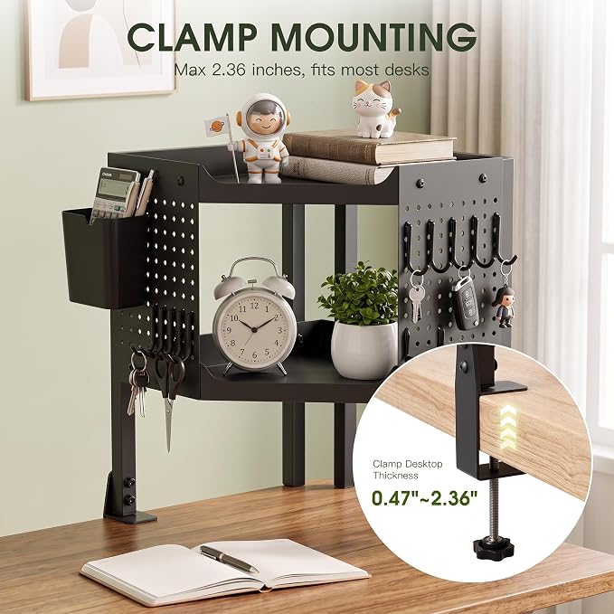 2-Tier Metal Clamp On Desk Shelf, Desk Organizer with 2 Pegboards and Hooks | Heavy Duty Corner Desk Shelf with Removable Pegboards Headphone Holder Pencil Cup and Hooks for Desk organizers Accessories - Image 6