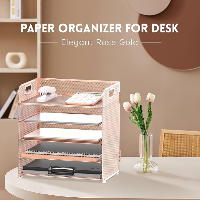 5 Trays Paper Organizer Letter Tray with Handle-Mesh Desk File Organizer, Paper Sorter Desk Organizer for Office, Home or School (Rose Gold) - Image 2