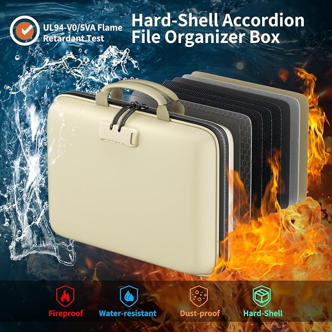 DocSafe Fireproof File Organizer with Lock, Hard-Shell Case Fireproof Document Box with 13 Pocket Accordion File Folder, Portable Home Office Travel Safe Storage for Important Documents Laptop Beige - Image 2