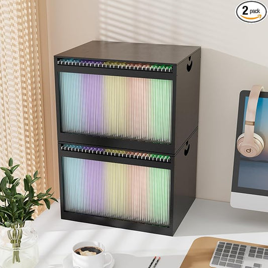 Bamboo Hanging File Organizer, Desktop File Box with Lids, 2 Pack, Black | Removable Lid, Clear Acrylic Side Panels, 4 Hanging Folders Included, Helps Reduce Dust, Letter & Legal Size, Easy Assembly by LONTAI
