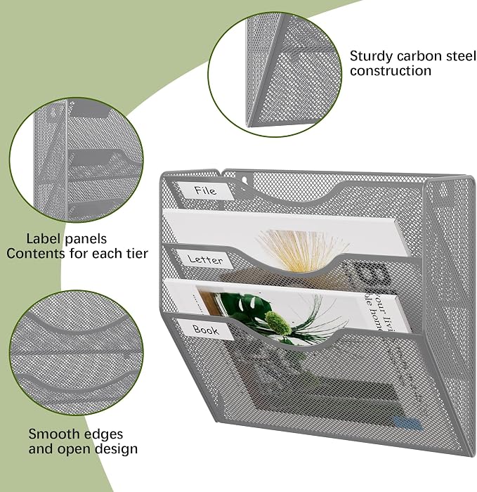 EasyPAG 3 Pocket Mesh Wall File Organizer, Hanging Paper Folder Holder with Classify Label, Vertical Wall Mount Mail Organizer for Office Home Classroom, Silver - Image 3