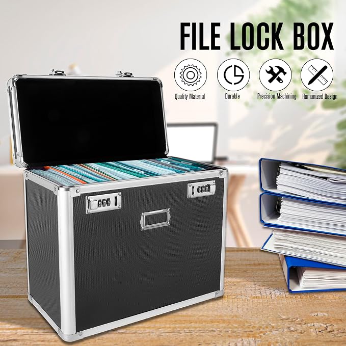 File Organizer Storage Box, Portable Locking Storage Totes - Storage Box with Dual Combination Locks for Filing Office Documents (Black) - Image 4