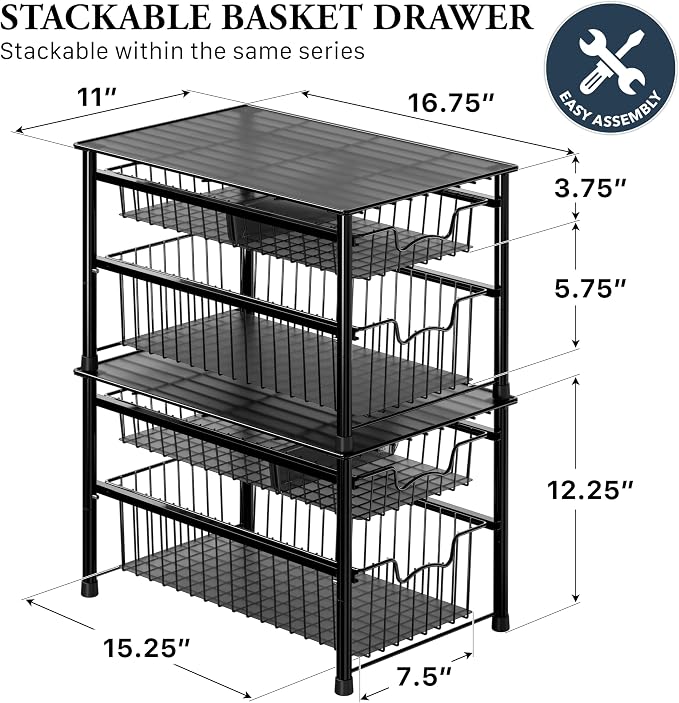 Simple Houseware Stackable Sliding Basket Organizer Drawer, Black, 2-Tier - Image 2