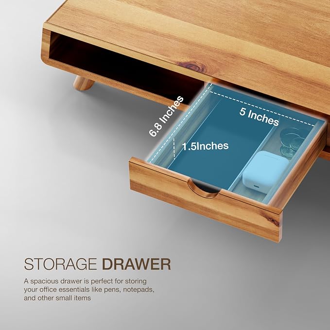 Tinamo Acacia Monitor Stand with Drawer, Multi-Purpose Storage (Patented) | Acacia Wood, Fits Monitors up to 32", Built-in Drawer, Hidden Storage, Non-slip, Round Edge, Ergonomic Height, Easy Assembly - Image 4