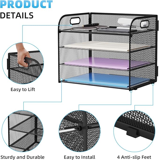 Marbrasse 4 Tier Paper Organizer Letter Tray - Mesh Desk File Organizer with Handle, Paper Sorter Organizer for Letter/A4 Office File Folder Holder (Black, 12.6" x 9.1" x 10.7") - Image 4
