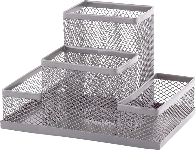 D.RECT Desk Organiser, Pen Holder, Desk Pen Holder, Table Organiser Made of Metal, Office Tray with Note Holder, Mesh, 103 x 154 x 103 mm, Silver by Unknown