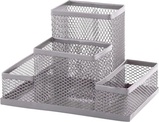 D.RECT Desk Organiser, Pen Holder, Desk Pen Holder, Table Organiser Made of Metal, Office Tray with Note Holder, Mesh, 103 x 154 x 103 mm, Silver by Unknown