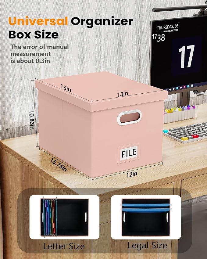 File Organizer Box with Lid, Portable Hanging File Box for Letter/Legal Files, Office/Decor/Home, Cream-pink (Leather), 1 Pack - Image 4