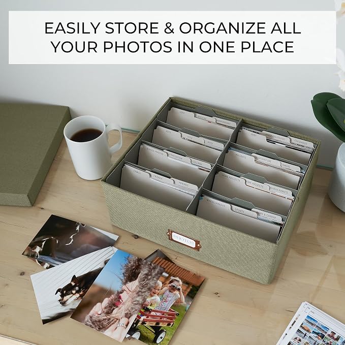 ZICOTO Decorative Photo Storage Box - Sturdy Linen Photo Organizer with Dividers is Perfect to Store Up to 1700 Pictures and 4x6 Photos - Portable Scrapbook Storage Containers with Lid - Image 2