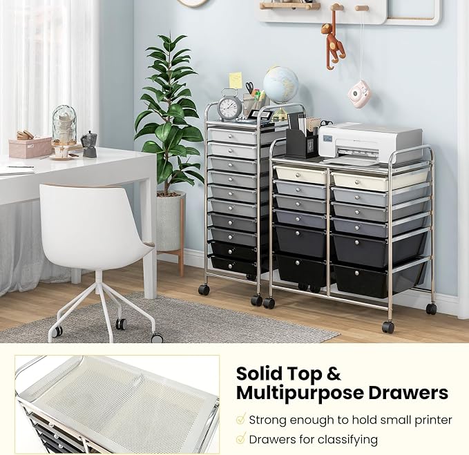 COSTWAY 12-Drawer Rolling Storage Cart, Moveable Art Craft Organizer | Lockable Wheels, Metal Shelf, Files Arrangement Tools Makeup Storage Cart for Office, Home, School (Mixed Black) - Image 8