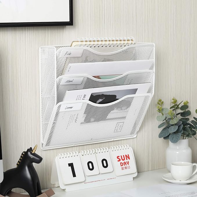 EasyPAG 3 Pocket Mesh Wall File Organizer, Hanging Paper Folder Holder with Classify Label, Vertical Wall Mount Mail Organizer for Office Home Classroom, White - Image 6