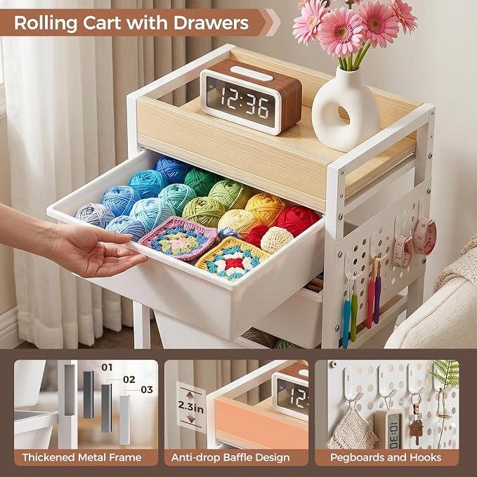 5 Tier Rolling Cart with Drawers, Plastic Drawer Storage Craft Cart with Pegboards & Hooks, Metal Utility Cart with Wheels & Wooden Tabletop, Classroom Office Art Supply Organizers and Storage, White - Image 5