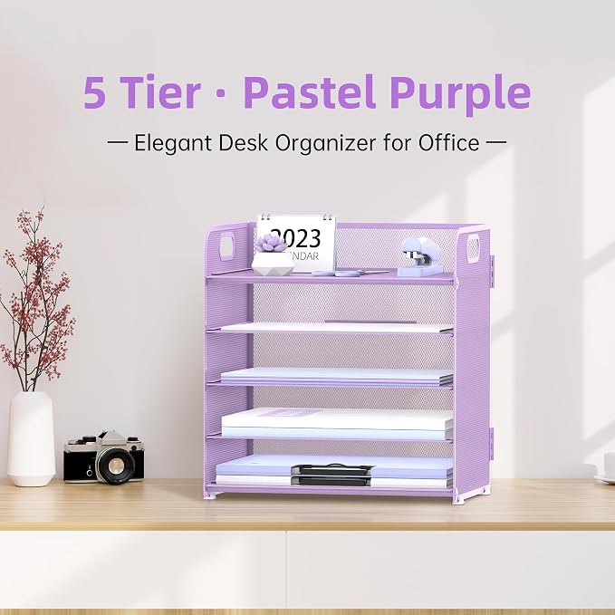 2 Pack 5-Tier Purple Desk Organizer with Handle Mesh Desk File/Paper Organizer Letter Tray for Office, School and Home Easy Installation Purple Office Supplies - Image 2
