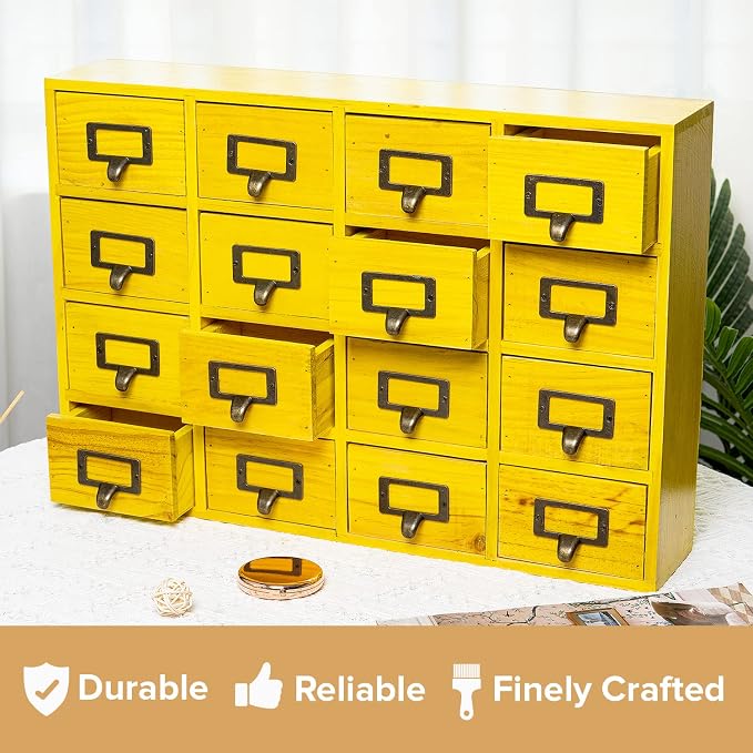 Yellow 16-Slot Wooden Drawer Unit - Country Style Desk Organizer - 20"x3.6”x14” Wooden Storage Box w/ 16 Drawers - Countertop Drawers w/Label Holder & Handle - Slim 4-Level Desk Organizer - Image 7
