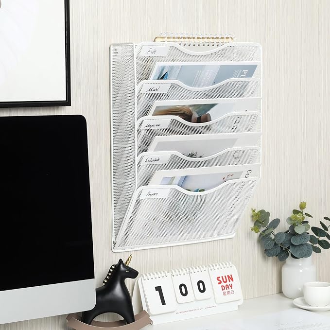 EasyPAG Wall File Organizer 5 Tier Hanging Paper Folder Holder, Zero Assembly Metal Mesh Wall Mounted Mail Organizer for Office Home Classroom Narrow Spaces, White - Image 6