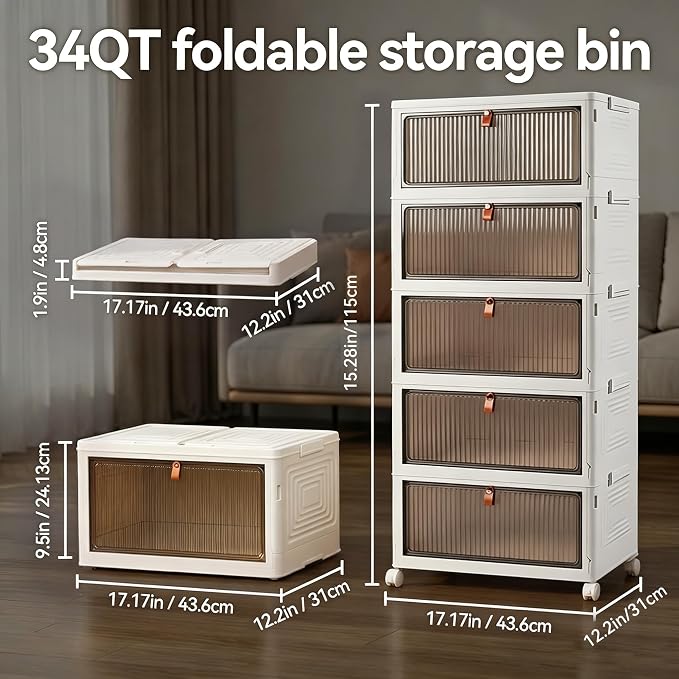 LDQ 170 Qt Large Storage Bins with Lids, 5 Tier Stackable Storage Cabinet with Wheels & Clear Doors, Foldable Plastic Closet Organizer for Bedroom, Bathroom & Kitchen - Image 2