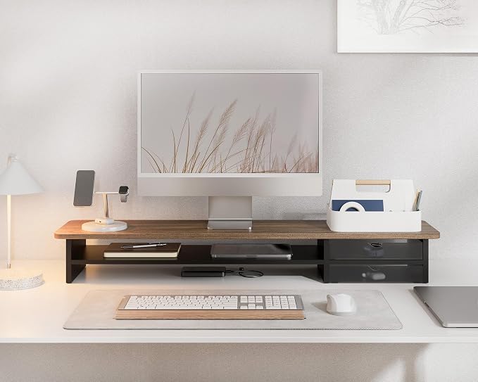 Fenge Monitor Stand, Desk Computer Riser with Frosted Storage Drawer, Brown | 42.5 Inch Dual Monitor Riser, 2 Tiers, Cable Management, Desk Shelf for 2 Monitors, Ultrawide Screen, Laptop, TV, Home Office - Image 6