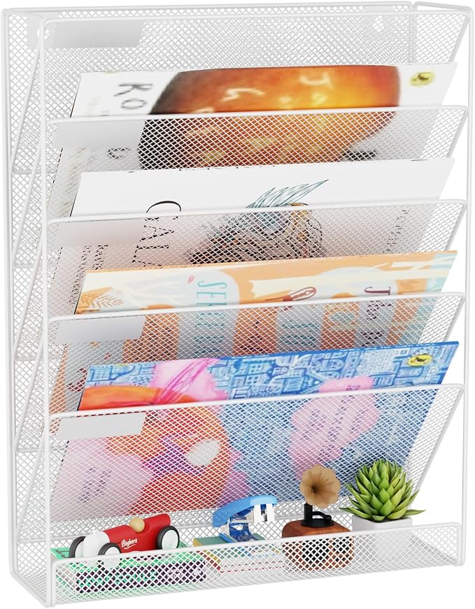 Wall File Organizer Holder Mesh Hanging Paper Document Holder,Vertical 6 Pocket Tier for Office Home, White by GDINDINFAN