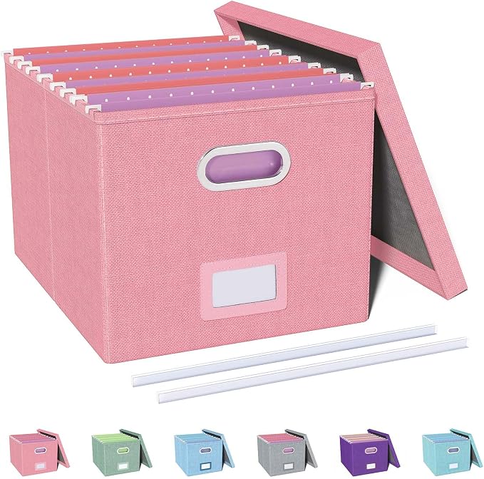 File Organizer, File Box, File Cabinet for Letter File Folder Storage, Portable Storage Bins with Lids for Office/Decor/Home, 1 Pack, New-pink-Box only by Oterri