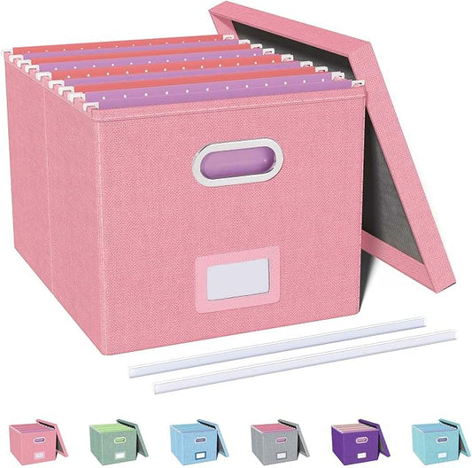 File Organizer, File Box, File Cabinet for Letter File Folder Storage, Portable Storage Bins with Lids for Office/Decor/Home, 1 Pack, New-pink-Box only by Oterri