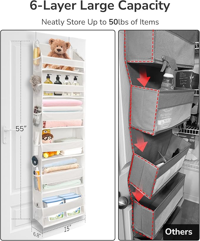 ULG 2 Pack Over The Door Organizer with 6 Large Pockets 12 Side Pockets, 50lbs Weight Capacity Door Hanging Organizer for Bedroom, Bathroom, Pantry, Nursery Storage, Beige - Image 4
