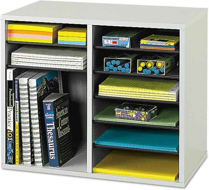 Safco Literature Organizer, 12 Compartments, Office and Classroom Mailbox with Adjustable Shelves, Wood Paper and Mail Sorter, Gray - Image 5