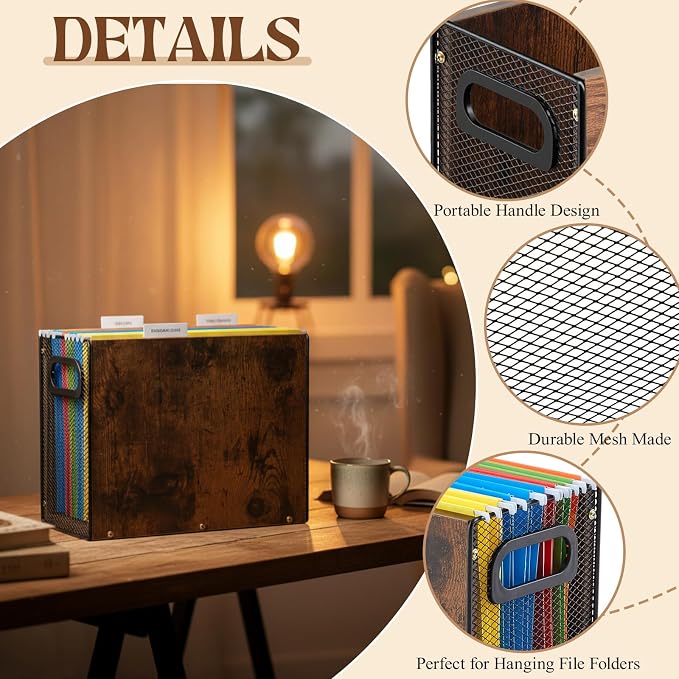 AmazingSpark Wooden Hanging File Organizer Box, 2 Pack Desktop Filing Box with Handles, Solid Wood & Metal File Organizer for Letter Size Hanging Folders, Home Office Storage Decor - Image 4