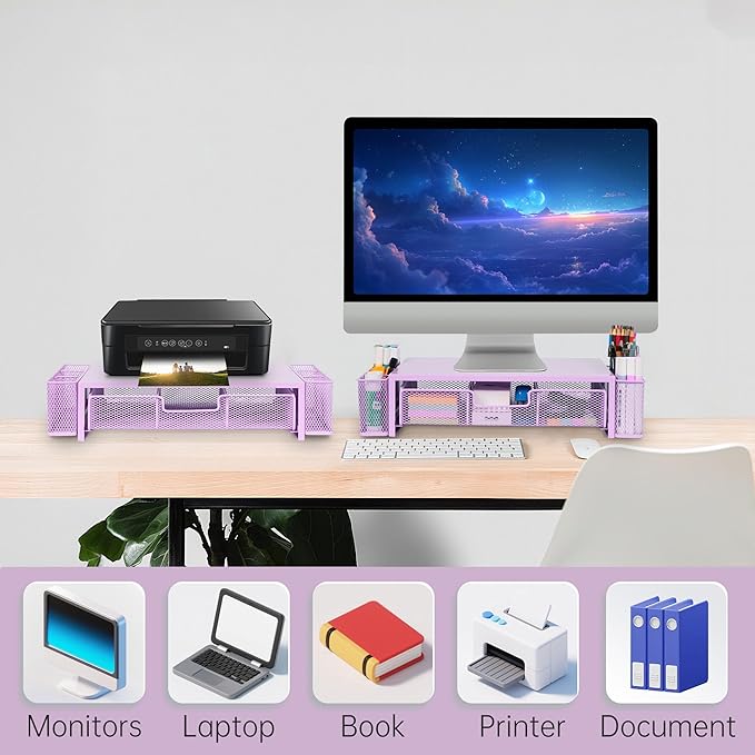 Qupui Computer Monitor Stand Riser with Drawer and Pen Holders, Desk Organizer Shelf and Accessories, Office Desk Accessories, Office Organization, Purple - Image 5